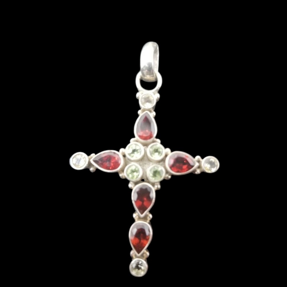 Sterling Cross with Garnet and Peridot Stones